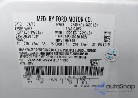 2019 Lincoln Nautilus Select z USA, uszkodzony, nr VIN 2LMPJ6K92KBL11196